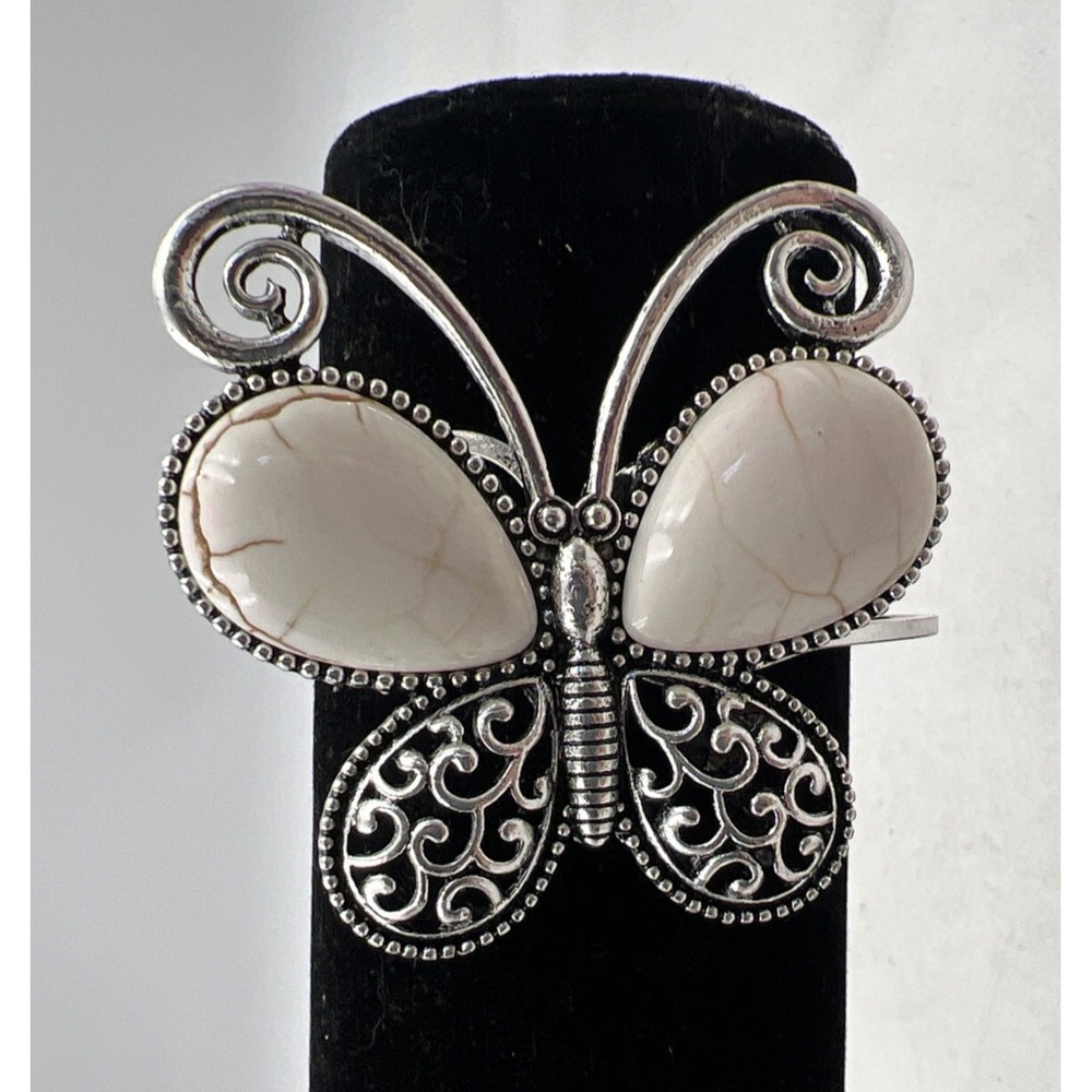 Butterfly Cuff Statement Bracelet Silver Tone White Faux Turquoise Hinge